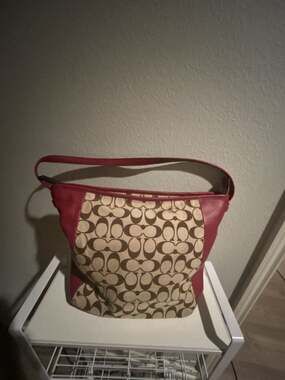 Coach Signature Khaki and Burgundy Canvas Leather Shoulder Bag F12329